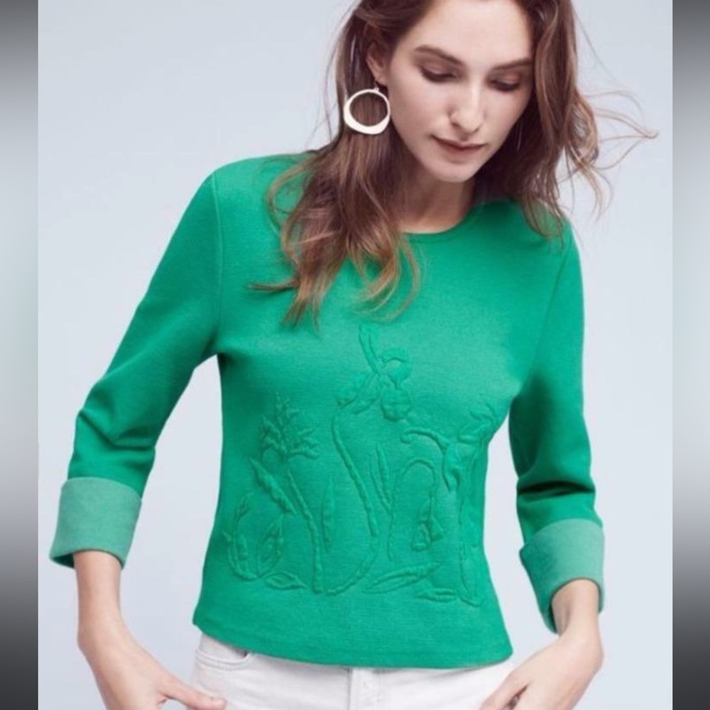 Anthropologie moth floral embroidered green top medium